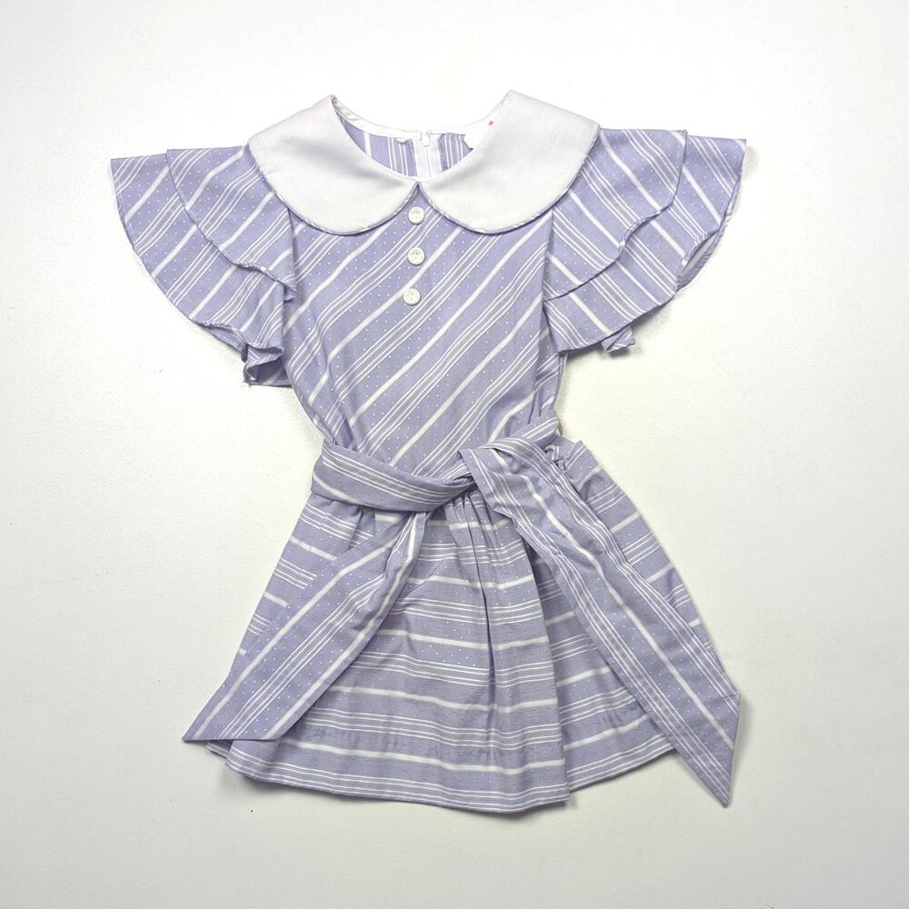 Vintage Lavender & White Striped Ruffle-Sleeve Dress